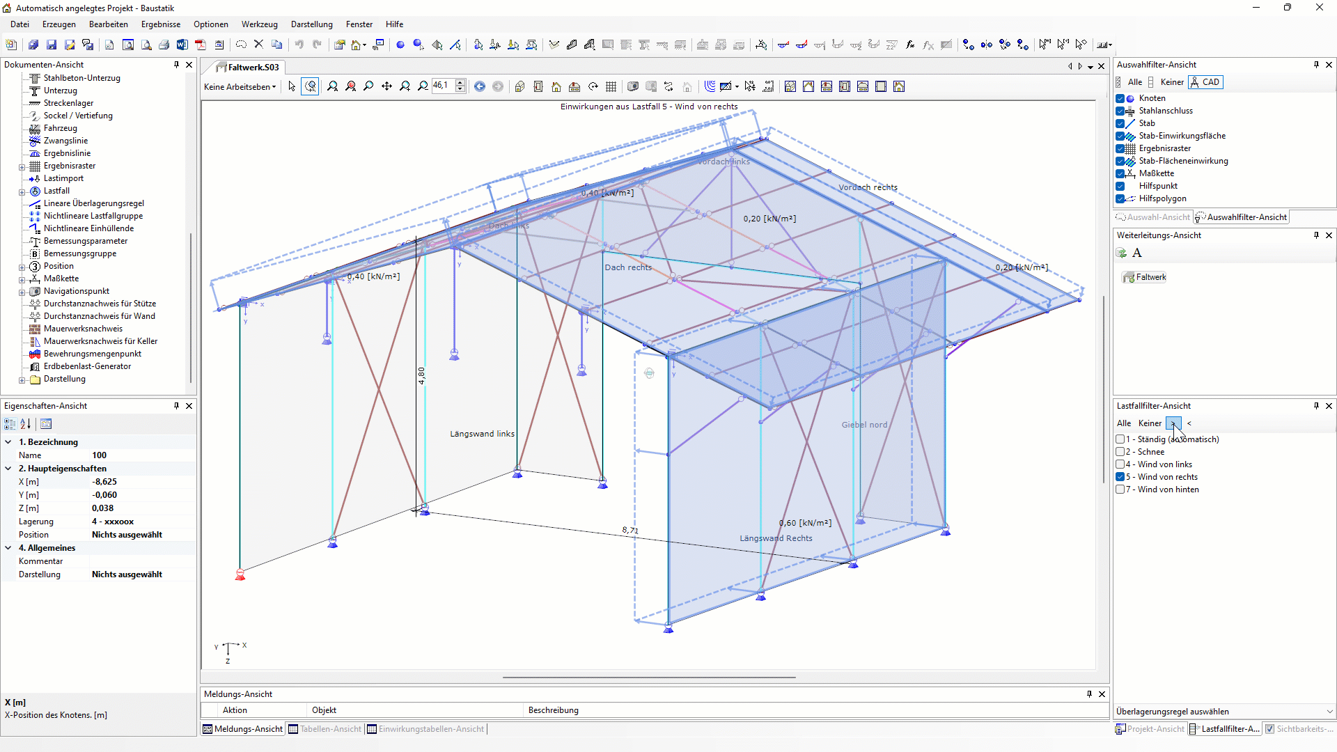 Tragkonstruktion in 3D, Berechnet mit D.I.E. Baustatik