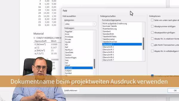 So geben Sie den Namen der beteiligten Dokumente beim projektweiten Ausdruck mit Word aus