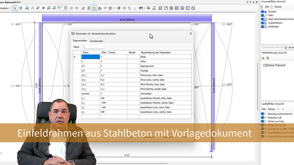 Baustatik Lernvideo: Ebener Rahmen aus Stahlbeton schnell mit Hilfe von Vorlagedokumenten definieren