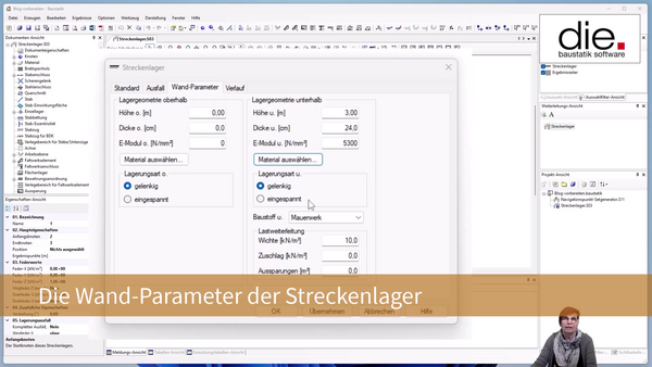 Baustatik Lernvideo: Die Wand-Parameter von Streckenlagern